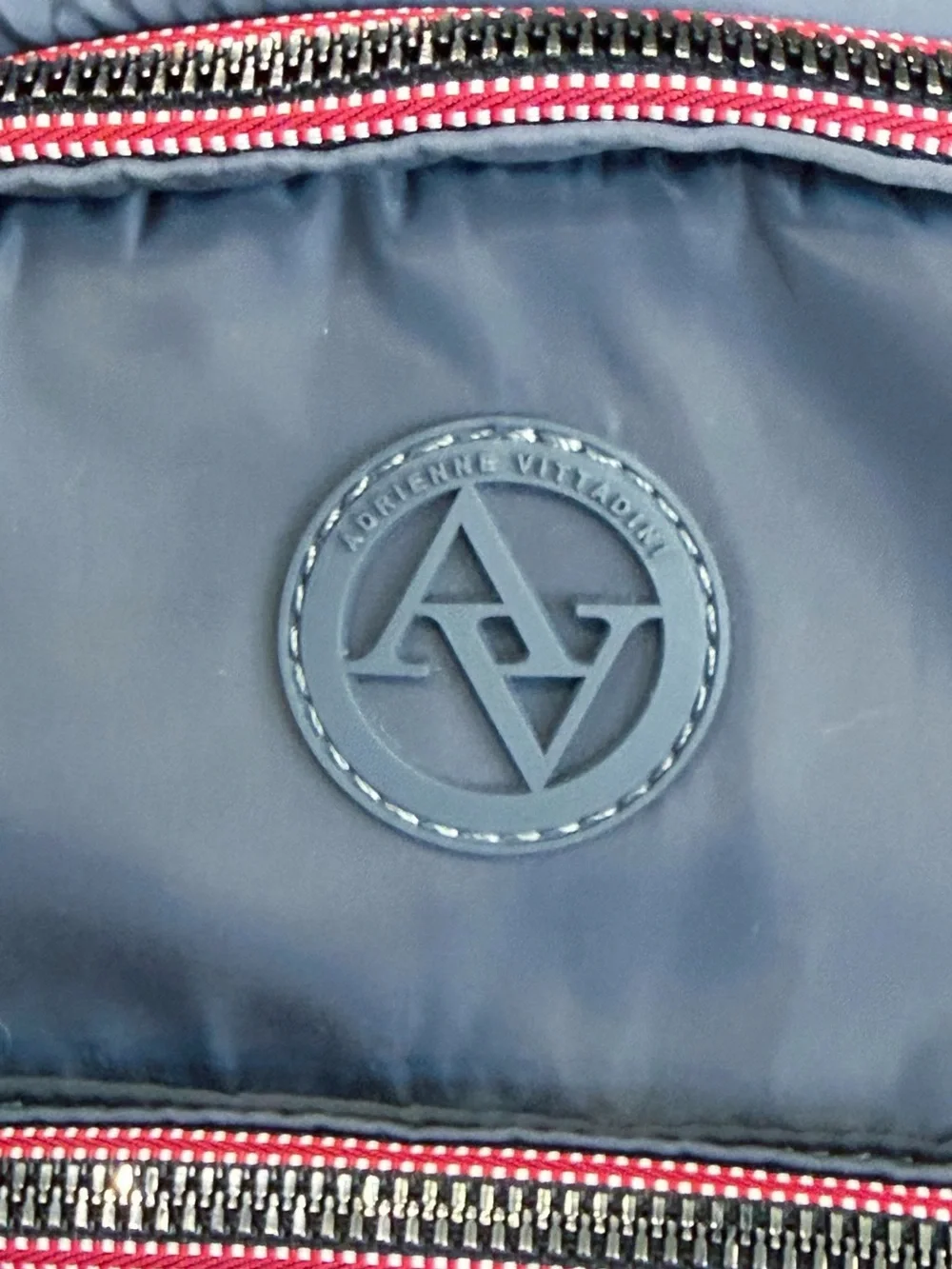 NWT Adrienne Vittadini Grey Nylon Logo Backpack - Red/White Zip Accents